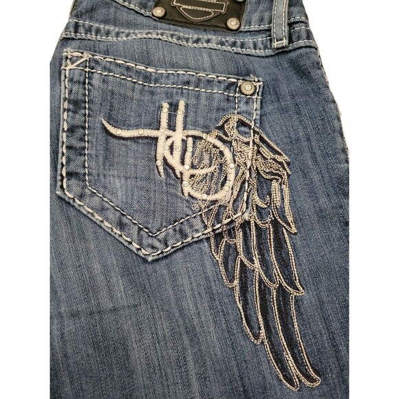 Womens Size 6 Petite Harley Davidson Jeans Low Rise Bootcut Angel Wing Pockets - Picture 2 of 7